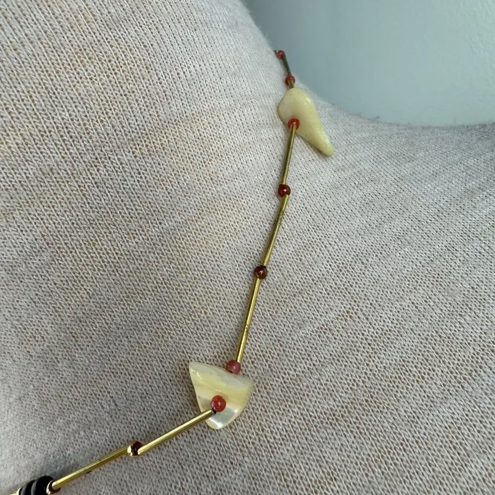 Vintage Mother of Pearl Chunk Gold Tone Beaded Necklace 17